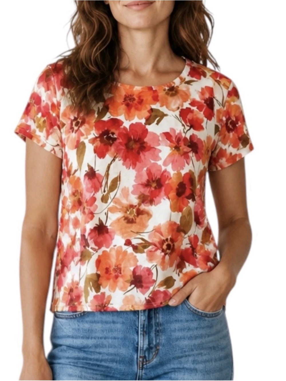Joie Floral Cotton Knit Short Sleeve T Shirt Top 1X